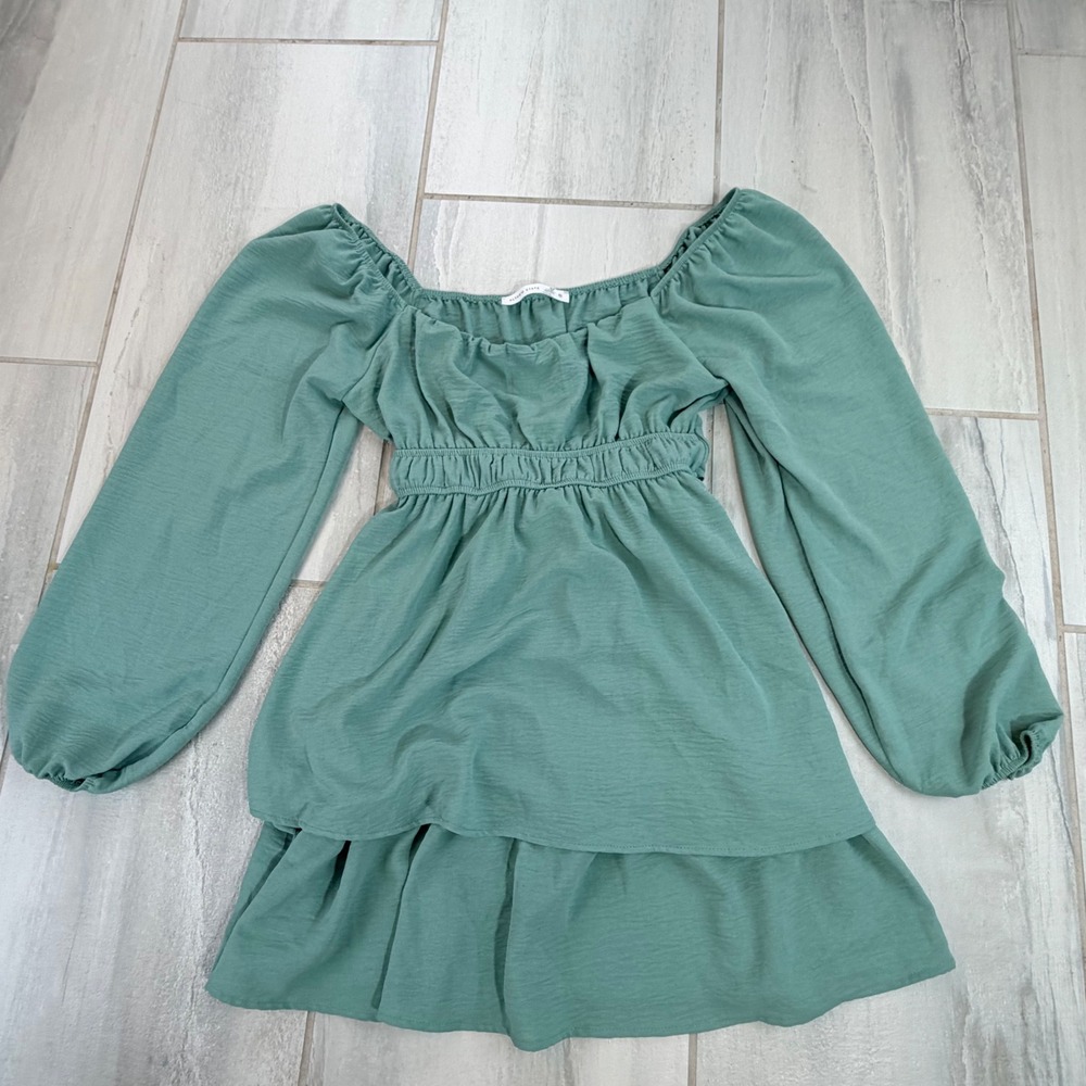 Altar'd State Sage Green Tiered Mini Dress Long Sleeve Smocked Waist Medium